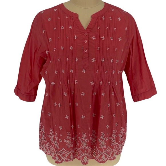 Woman Within Tops - Woman Within Blouse Coral Eyelet‎ Embroidered Pintuck 1X 100% Cotton